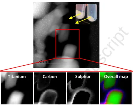 Figure (6): STEM image with EELs-mapping of synthesised TiO  CarbonOverall map 2/PrSO3catalyst obtained from Titan at 300kV illustrating the 2D elemental mapping with high H nano-quality overall map of TiOAccepted Manuscriptelements (Titanium in green, Car