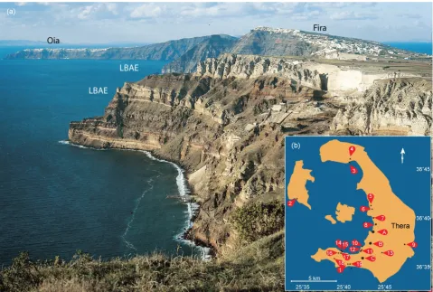 Figure 1. (a) View of Thera facing north. The two prominent pumice series were produced by the Late Bronze Age (LBA) erup-tion