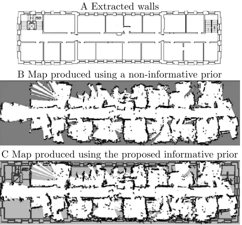 Figure 8: Large scale experimental results.A Prior map of extracted wallsof theand empty space of Floor C of the Amy Johnson building, Dept of AutomaticControl and Systems Engineering, University of Sheﬃeld; B Map produced usinga non-informative prior; C Map produced using the proposed prior, successfullymapping more walls than using the non-informative prior; D Map producedusing the proposed informative prior and a slightly less accurate x0; E Evolution F2 metric with time for an informative and non-informative prior.