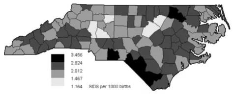 Figure 1ratesComparison of raw and Bayesian smoothed SIDS mortality Comparison of raw and Bayesian smoothed SIDS mortality rates