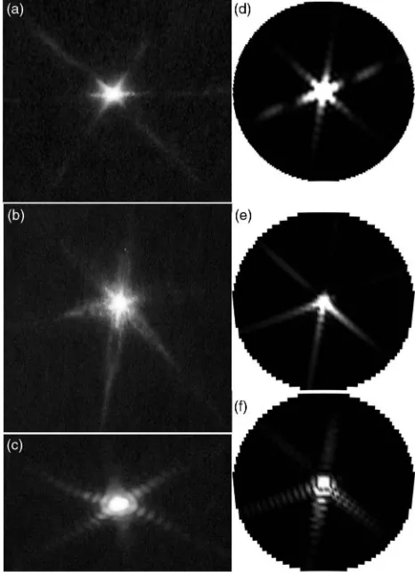 Fig. 12.Left: patterns from Summit, width 5° (a)(c) corresponds to plate diameter ofputed from beam tracing for scalene plates with 3.6 and 36image width 16° (d), 9 and 9110010–(c); pattern ≈210 μm