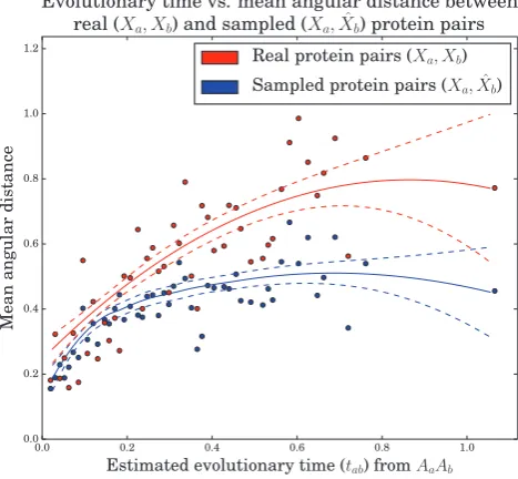 FIG. 5. Scatterplot comparing evolutionary times estimated usingpairs of homologous amino acid sequences only versus pairs of ho-mologous sets of dihedral angles only for N ¼ 38 proteins pairs in thetest dataset