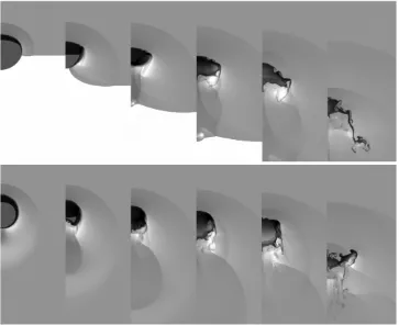 Figure 1. The time evolution of the logarithmic density for models (top) c1shock and (bottom) c1wind1