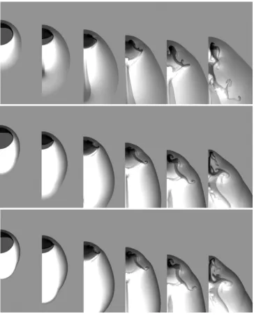 Figure 2. The time evolution of the logarithmic density for models (top) c1wind1a, (middle) c1wind1b and (bottom) c1wind1c