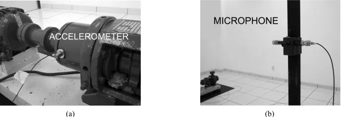 Figure 2. Experimental apparatus: (a) System input, primary source sensor: pump accelerometer 100mV g  signal; (b) 