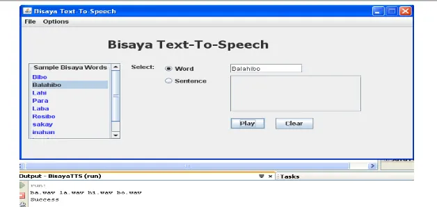 Figure 3.  Bisaya TTS System User Interface Screen Shot 