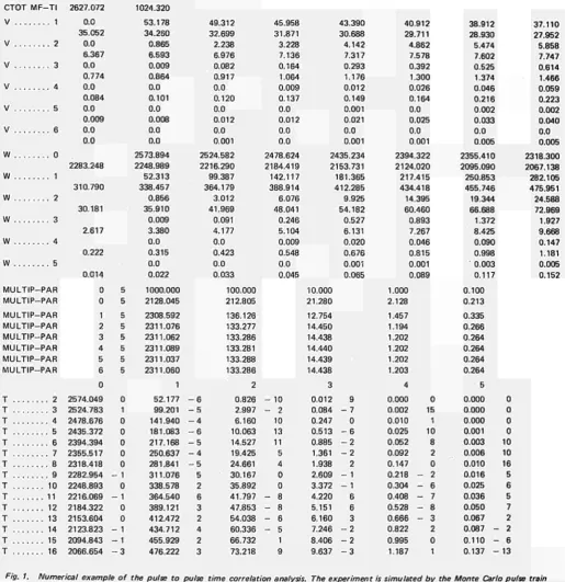Fig. 1. Numerical example of the pulse to pulse time correlation analysis. The experiment is simulated by the Monte Carlo pulse train generator