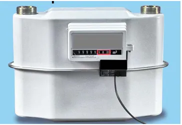 Figure 2. Example of common gas metering system. The black box is the commercial pulse transmitter which is connected to the sensor board of the smart grid shown in Figure 1