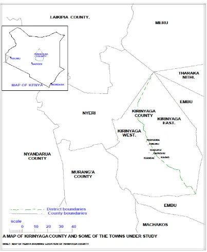 Figure 3.1:  A map of Kirinyaga County and some of the towns under study  