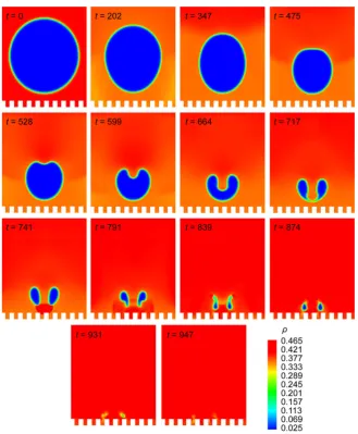 Figure 3. Density field evolution of the collapsing bubble near rough solid wall.