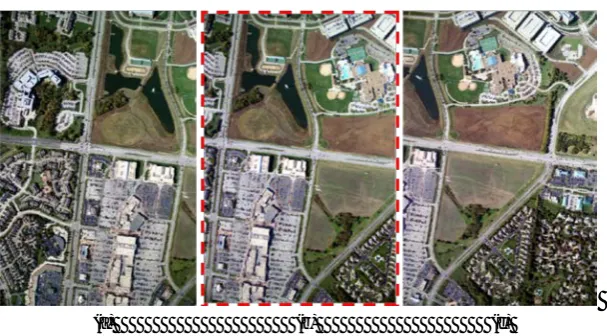 Figure 3. Test data used for the study: Three VHR airborne stereo images(b), and (c)—(a), —acquired in a sequence