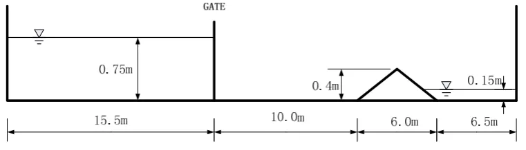 Figure 1. Schematic layout of dam break flow experiment with a triangular hump [19]. 