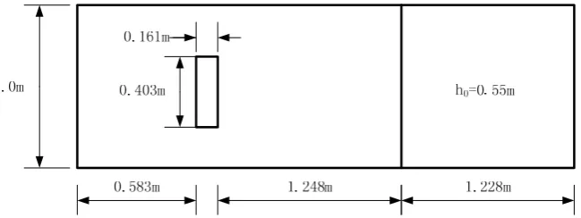 Figure 4. Schematic layout of dam break flow experiment with a rectangular obstacle [21]