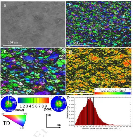 Figure 1 ACCEPTEDof a large area from sample SST4H after cold rolling, (c) ) EBSD IPF image of a small area stored energy distribution (the non-indexed areas have the highest local strain)