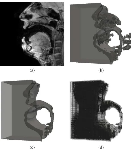 Fig. 1.Standardization procedure for vowel /a/, from (a) MRI data (mid-sagittal slice shown), through (b) segmentation procedure (illustrating leakageof the segmentation volume into surrounding tissues), (c) hand-correctedsegmentation data, and (d) associated rectilinear grid, calculated using asampling frequency of 400 kHz.
