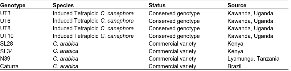 Table 1. Induced tetraploid Robusta genotypes and Arabica coffee parents of the interspecific F1 hybrids