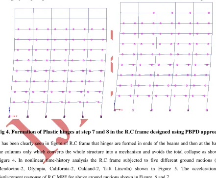 Fig 4. Formation of Plastic hinges at step 7 and 8 in the R.C frame designed using PBPD approach It has been clearly seen in figure of R.C frame that hinges are formed in ends of the beams and then at the base of 