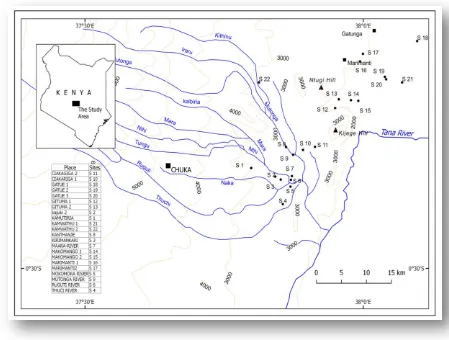 Figure 4.1: A map showing the sampling sites from sand mines in Tharaka Nithi County 