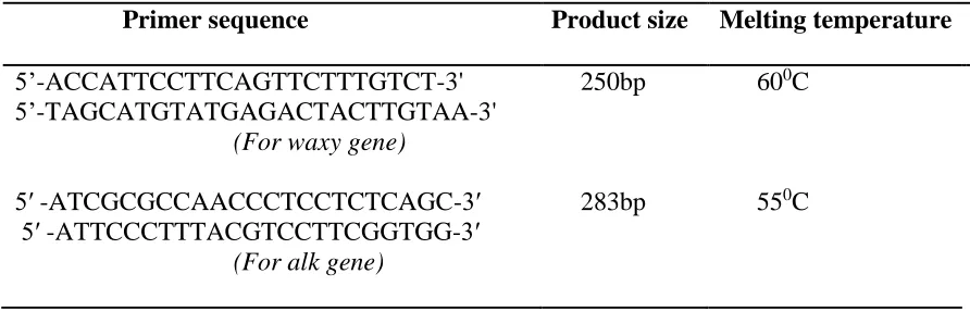 Table 3.3: List of primer pair for waxy and alk gene amplification. 