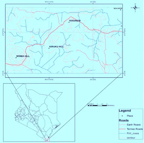 Figure 1.1 Location map of the study area within the map of Kenya.  