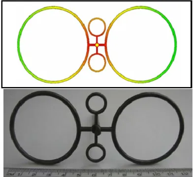 Figure 6. Flow simulation (top) and injection molded (bot- tom) ring-shaped LD-PE + 65 vol% Ni composite preforms