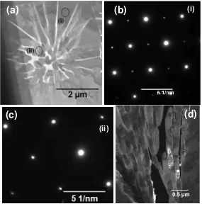 Figure 2: (a) TEM bright field image of a spherulite, (b) selected area diffractionpatterns from regions (i) and (c) (ii) of the spherulite, and (d) TEM dark-field im-age of a region within a spherulite obtained from one of the superlattice spotswithin the diffraction pattern.