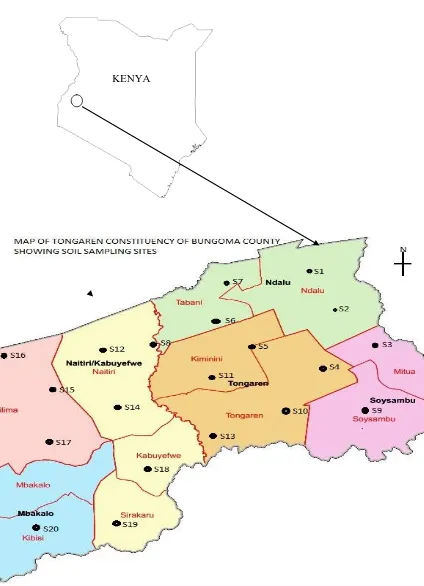 FIGURE 4.1: Map of Tongaren Constituency showing the sampling sites (Google map) 