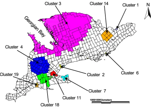 Table 2: Significant low rate giardiasis spatial clusters in southern Ontario, 1990–98