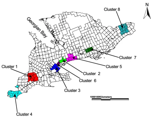 Figure 4Spatial distribution of significant low rate giardiasis clusters in southern Ontario (1990–98)Spatial distribution of significant low rate giardiasis clusters in southern Ontario (1990–98)