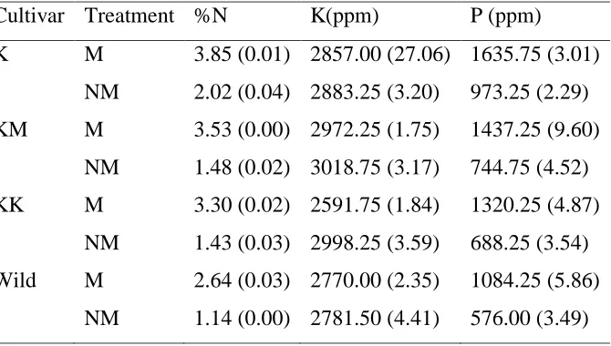 Table 4. 5: The effect of interaction between genotype and AMF inoculation on shoot N, K and P nutrition of cowpea grown using sterilized soil