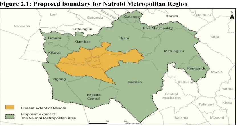 Figure 2.1: Proposed boundary for Nairobi Metropolitan Region 