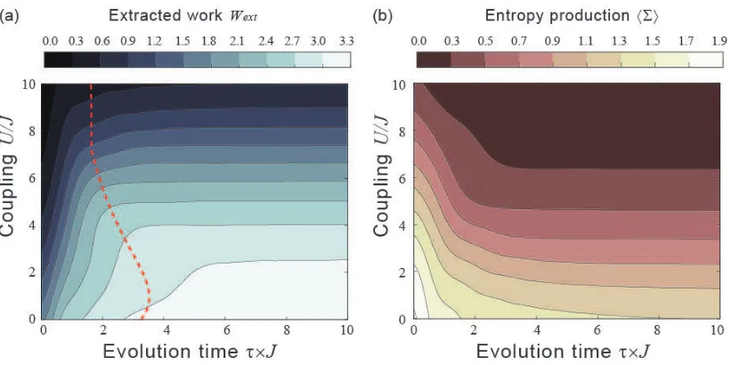 Figure 2. Mean extracted work, −⟨W⟩, in units of J and entropy production of a Hubbard dimer at half-ﬁlling
