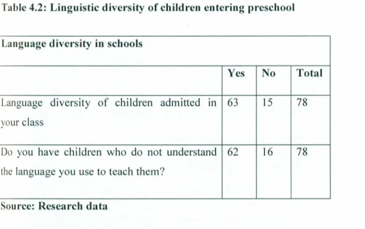 Table 4.2: Linguistic diversity of children entering preschool