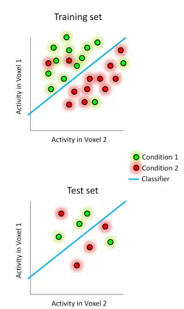 Figure 1.8: How spatial voxel patterns are compared and classified using Support Vector Machines (SVMs)