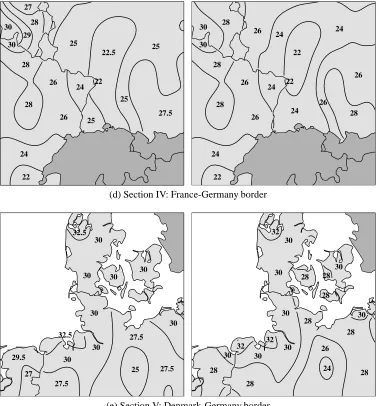 Figure 4.11: Comparisons of European 50-year return period wind speed maps based onthe current work, code-based mapping (left) and consistent zoning (right)