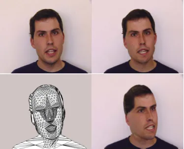 Figure 5: Upper Left: One original frame of sequence Peter. Upper Right: Textured 3-D head model with FAP’s extracted from the original frame