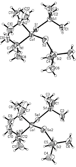 Figure 2.1. The molecular structures of (tmeda)Co(SeSiMeN,N´-tmeda)Co(SSiMe3)2, 1a (top) and (N,N´-3)2, 1b (bottom).Thermal ellipsoids are drawn at 50% probability