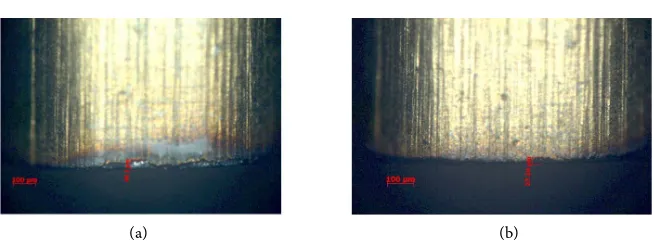 Figure 10. Flank wear after machining the 400th gear using: (a) normal labricant (146.09 µm); (b) VG46 nanolubricant (79.85 µm)