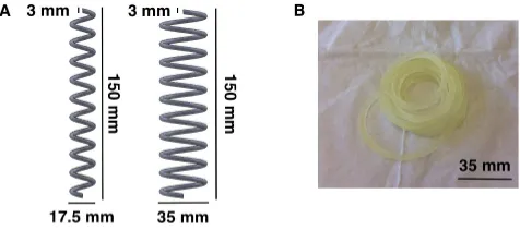 Fig. 1. (A) Design of springs with diﬀerent dimensions; (B) Soft printed spring ofdimensions 150 ×35 × 3mm