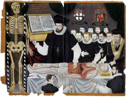 Fig. 2.  A depiction of a dissection later in the period (c. 1580) in which the anatomist-lecturer (here, John Banister) no longer distances himself from the corpse