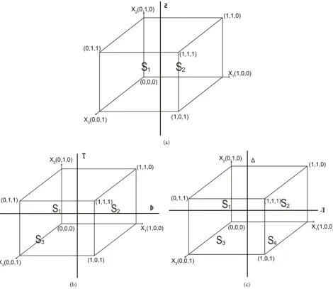 Figure 1. (a): A vertical line, Ƨ, drawn through the middle of a Cube [Two segments (S = 2)]
