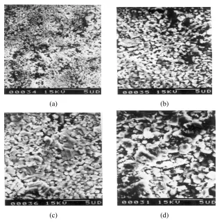 Figure 2. SEM micrographs of Cu(d)xCo1−xFe2O4 at diﬀerent sinteringtemperature/time. (a) x = 0 sintered at 800 ◦C for 14 hrs, (b) x = 0sintered at 900 ◦C for 20 hrs, (c) x = 0 sintered at 900 ◦C for 30 hrs, x = 1 sintered at 800 ◦C for 14 hrs.
