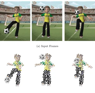 Figure 1.4: One example with animated mosaics: the input video shows a boy playingsoccer, shown in Figure (a)