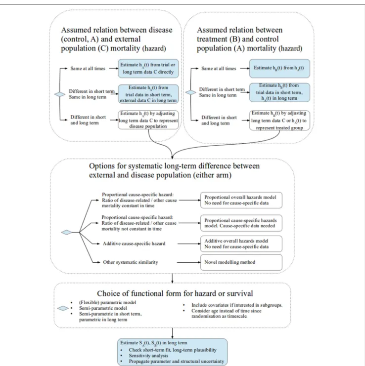 Figure 2 Framework of model choices for survival extrapolation using external data. Long-term survival S for control and treatment groups A and B is estimated via assumptions about equivalence of hazards h between populations A, B, and C.
