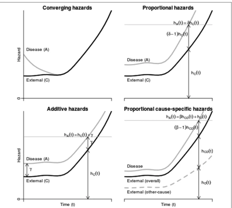 Figure 3 Example hazards for disease and external populations as functions of time, under 4 different assumptions about how the disease population hazards relate to the external population hazards.