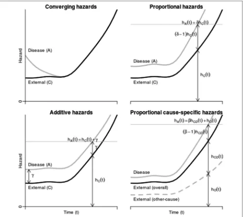 Figure 3Example hazards for disease and external populations as functions of time, under 4 different assumptions about how the diseasepopulation hazards relate to the external population hazards.