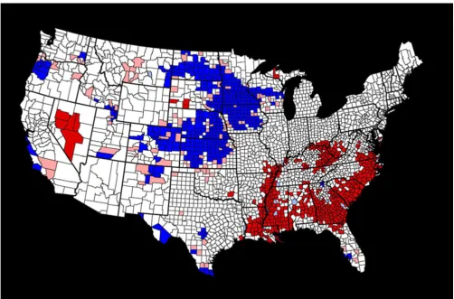 Figure 13Local Moran's I Scatterplot of Persistent Mortality 1993–1997Local Moran's I Scatterplot of Persistent Mortality 1993–1997 Red = High Cnty-High Cnty Light Red = High Cnty-Low Cnty White = No Significance Light Blue = Low Cnty-High Cnty Blue = Low Cnty-Low Cnty