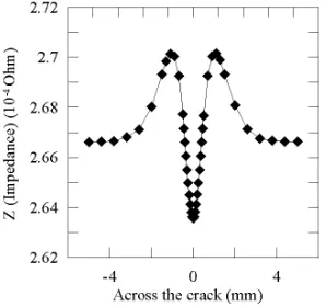 Figure 4. The diﬀusion of heat from laser beam and eddy currentdensity distributions. EC frequency, 600 kHz; laser temperature, 500◦C(773 K).