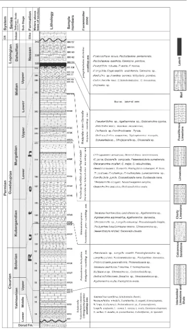 Figure 4. Stratigraphic log of the Ruteh and Nessen Formations in Heev Section, Central Alborz, SE of Gazvin with foraminiferal biozones