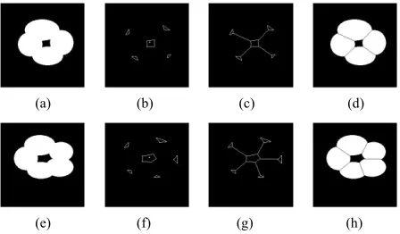 Figure 8. Parallel cell (hole) separation result. (a), (e): Par-allel cell (hole) binary image; (b), (f): Cell centre and con-cave regions contour; (c), (g): Separating points connection; (d), (h): Overlapping cell separation